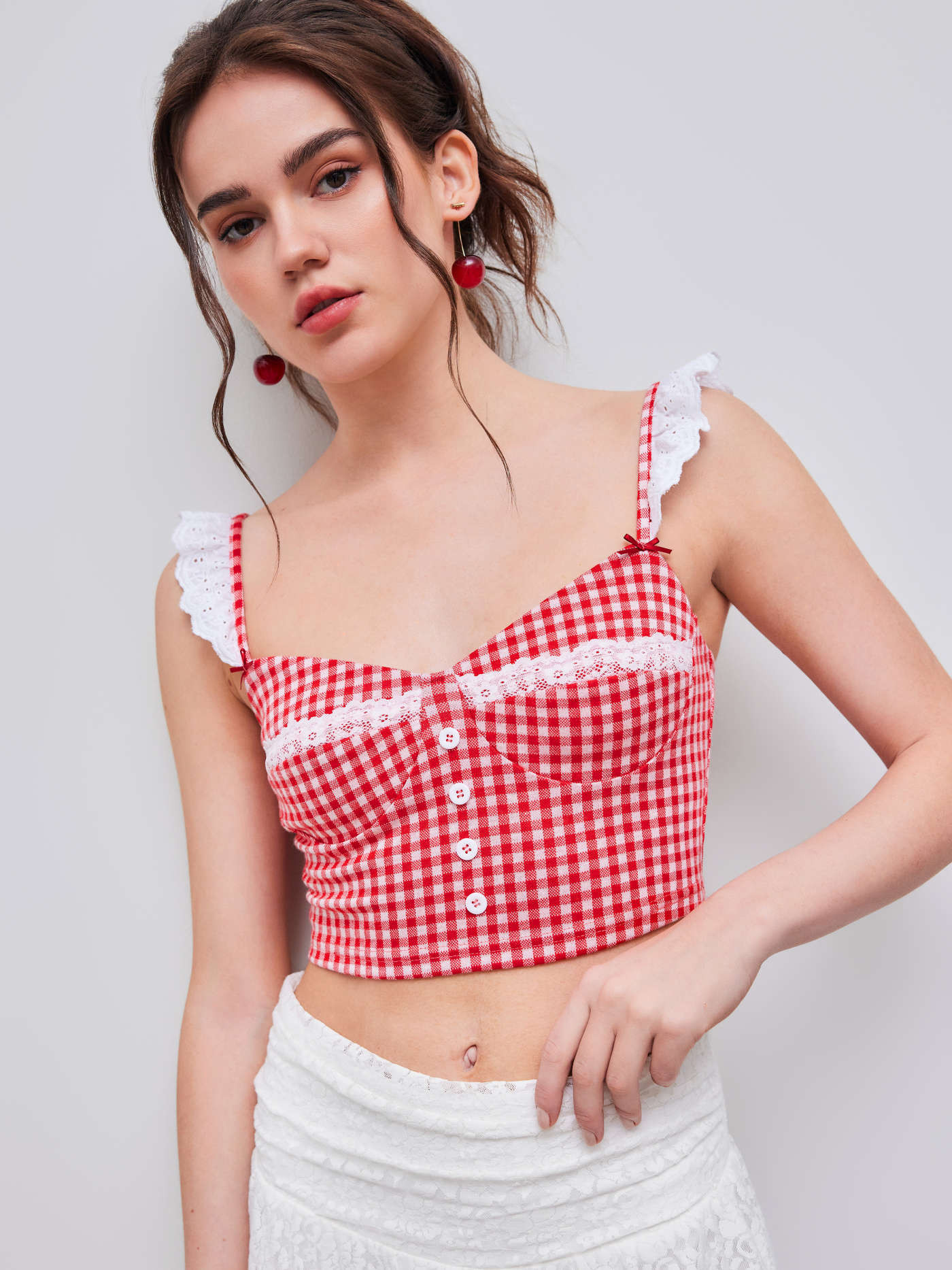 Knit Fabric Square Neck Gingham Lace Broderie Anglaise Trim Crop Top For Daily Casual Date | Cider