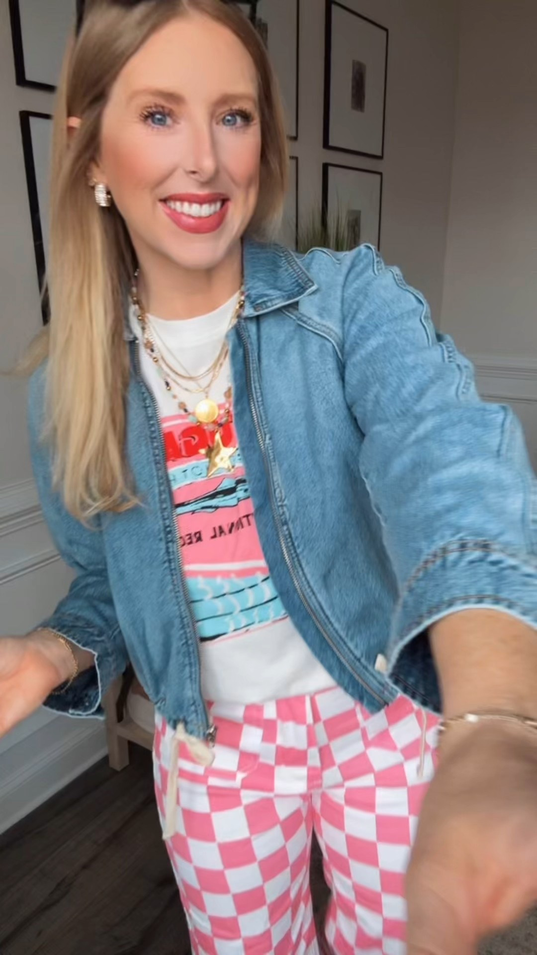 Outfit of the day, ootd, Amazon find, Amazon fashion, graphic tee, pink checkered jeans, Walmart denim bomber jacket, blue adidas 

#LTKootd #LTKSaleAlert #LTKmomlife
