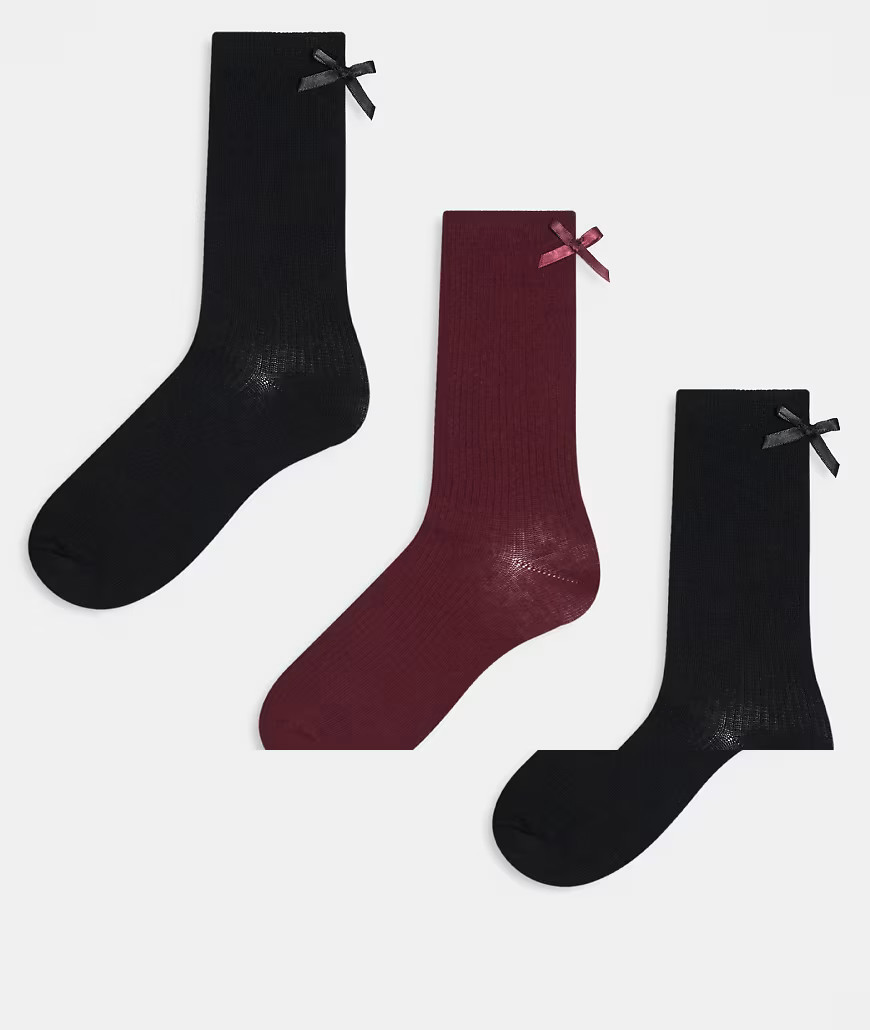 JJXX 3 pack bow socks in burgundy mix-Red | ASOS (Global)