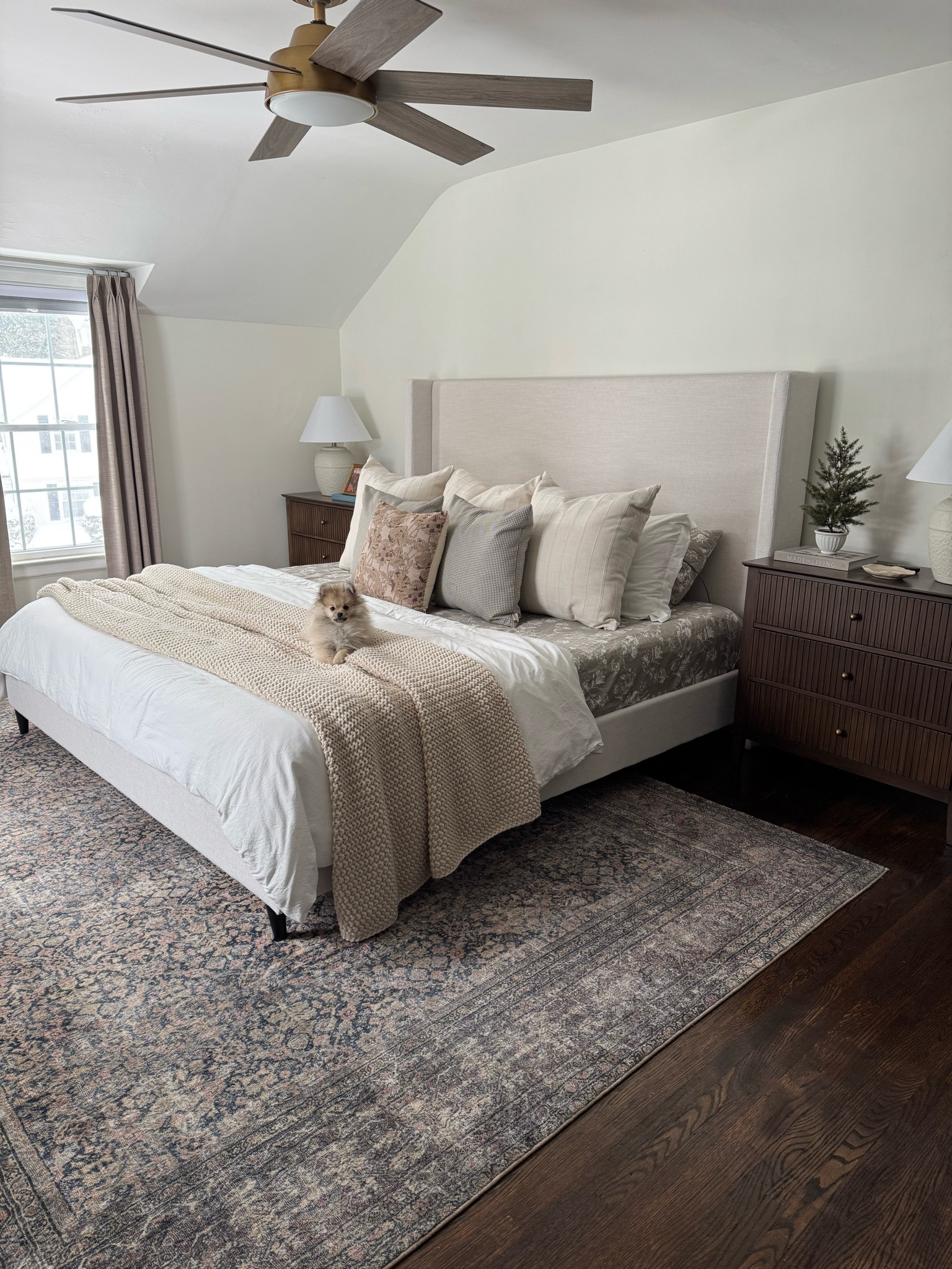 King size bed in ivory
Triple pleat curtains in burlywood birch 
Loloi Morgan rug in denim multi 
Nightstands were a DIY project, linked products used
Lamps are old from tjmaxx.com that I painted 

#LTKFindsUnder100 #LTKHome #LTKSaleAlert