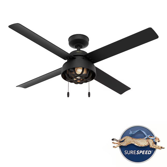 Hunter Spring Mill SureSpeed 52-in Matte black LED Indoor/Outdoor Ceiling Fan with Light (4-Blade... | Lowe's