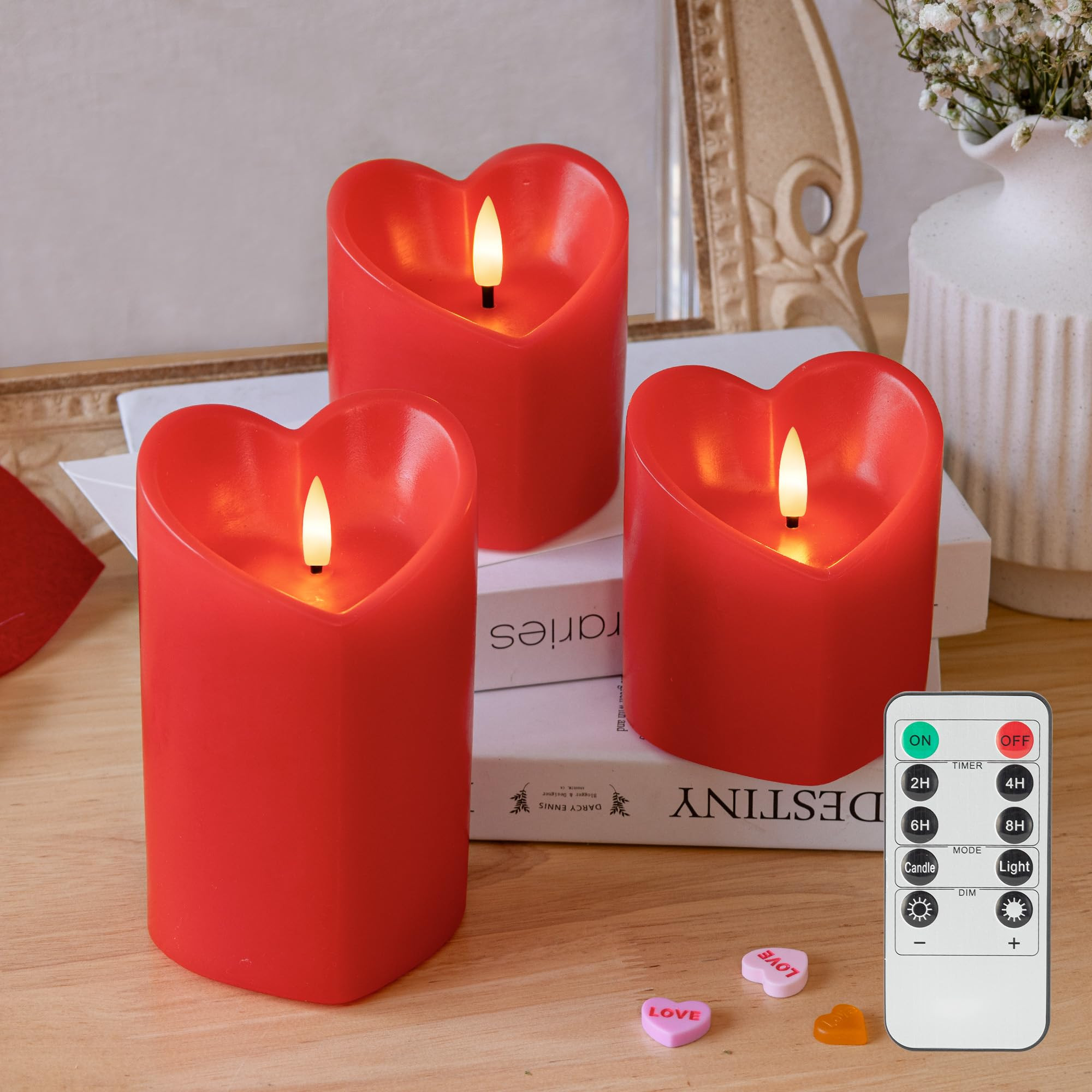 Valentine Day Flameless Pillar Candles with Remote, Real Wax Battery Operated Candles, Heart Shap... | Amazon (US)