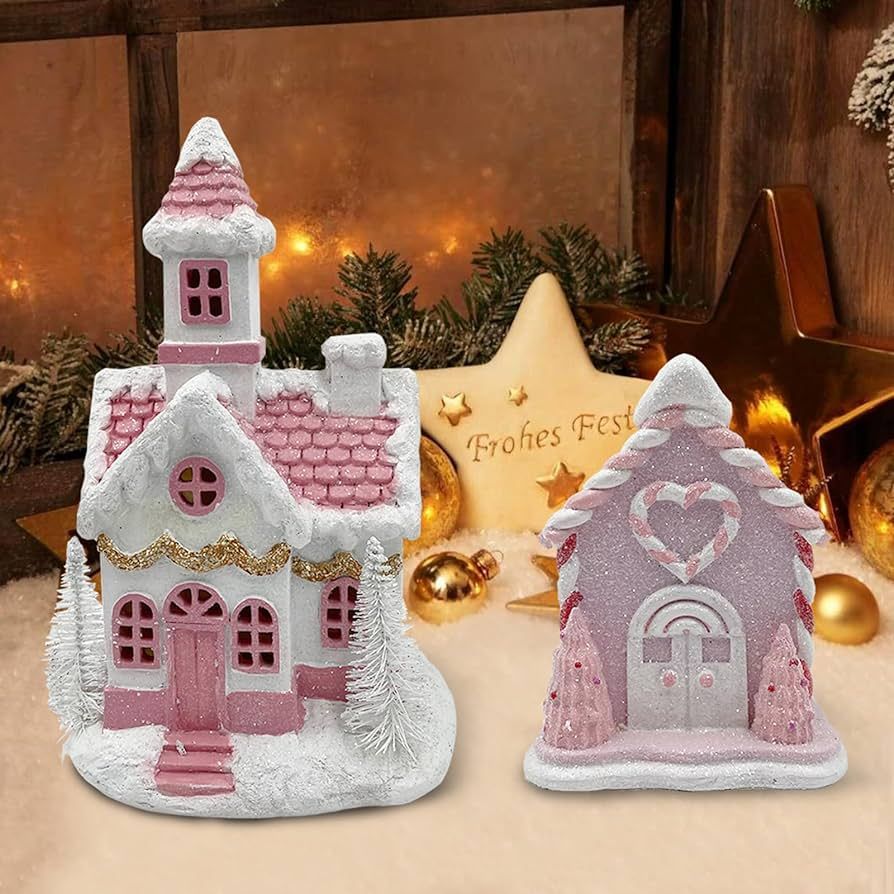 Amazon.com: Christmas Village Pink Christmas Village House 2 Pcs Decor Tabletop with Led Lights C... | Amazon (US)