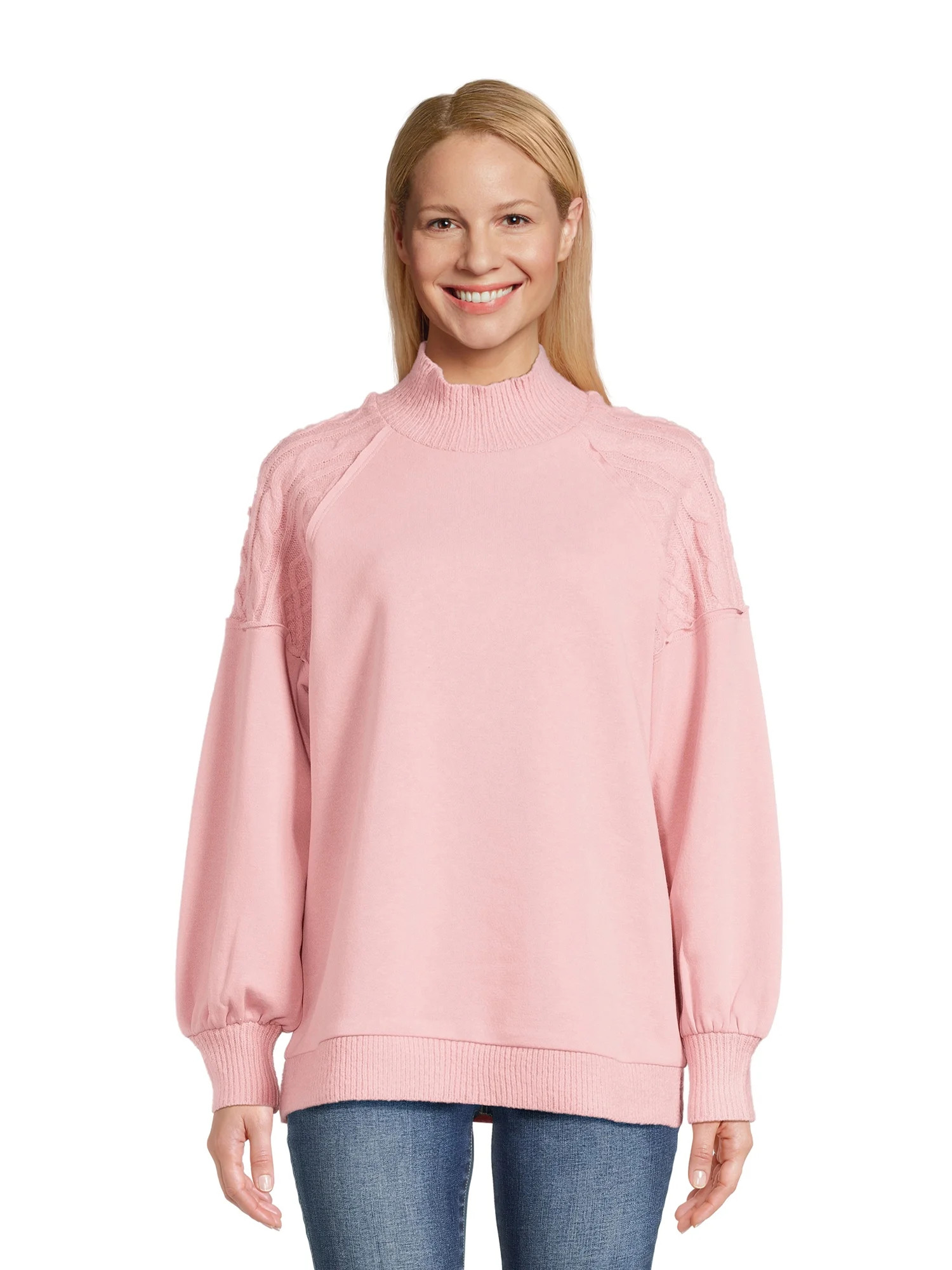 Time and Tru Women's Mixed Media Mock Neck Top | Walmart (US)