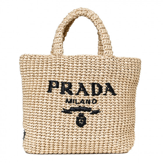 PRADA Raffia Logo Small Tote Naturale | Fashionphile