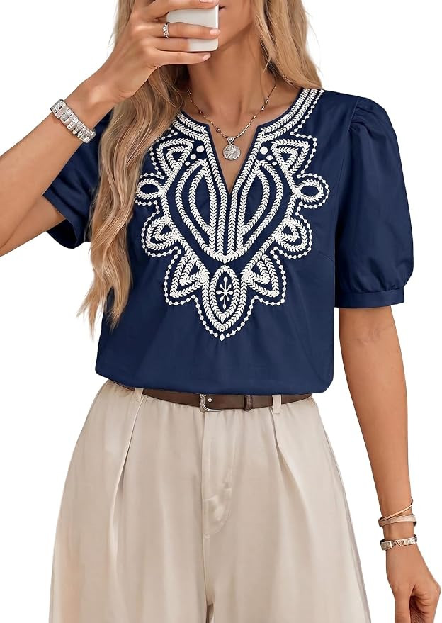 Dokotoo Blouses for Women Dressy Casual V Neck Short Sleeve Shirts Embroidered Color Block Summer... | Amazon (US)