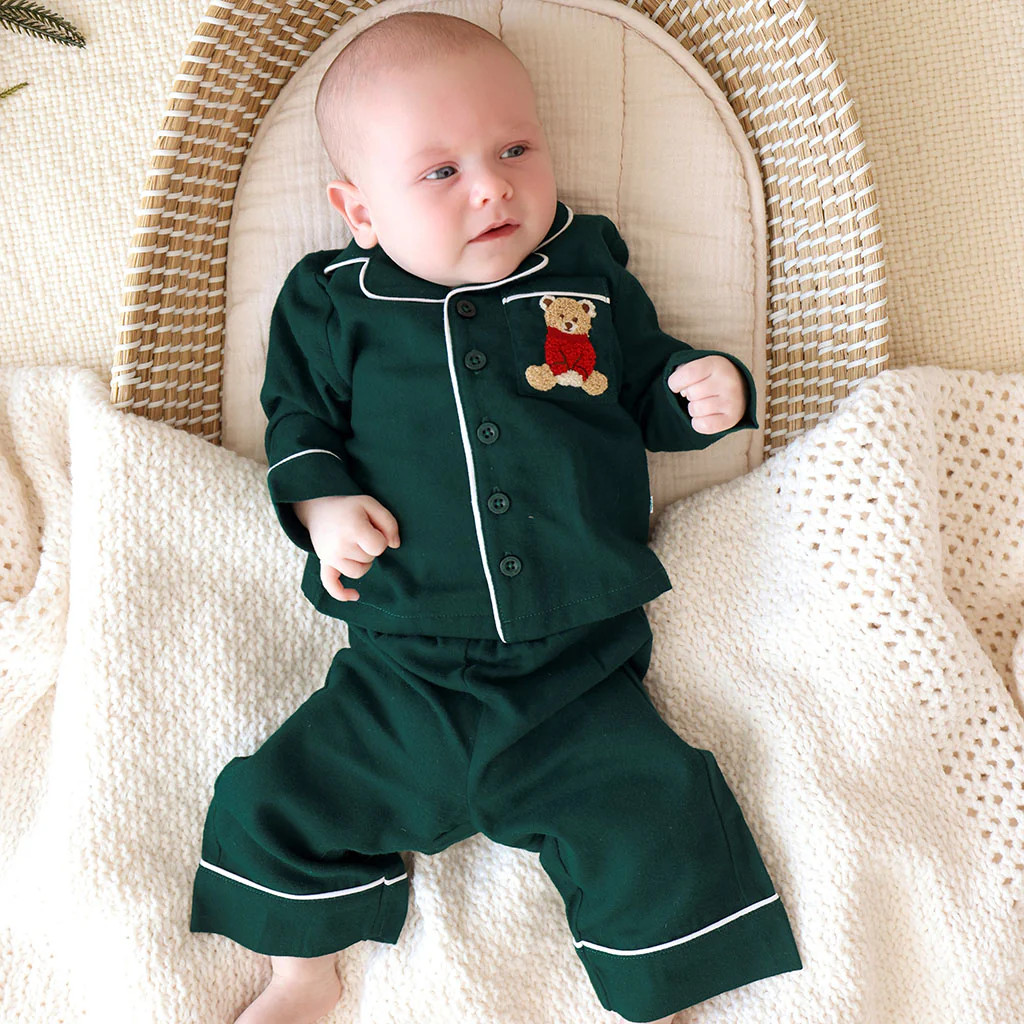 Solid Green Long Sleeve Forrest Green Flannelette Luxe Pajama Set | Posh Peanut® | Posh Peanut