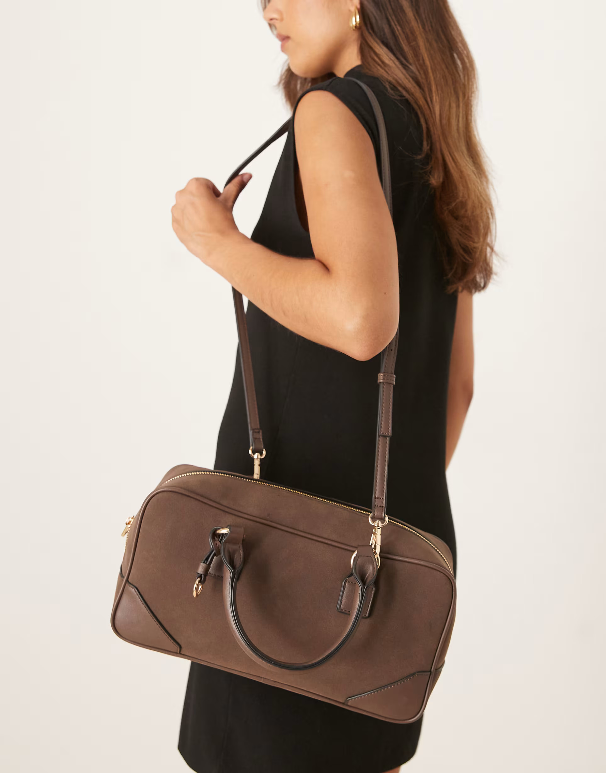 ASOS DESIGN faux suede bowler bag with detachable cross body strap in mocha | ASOS (Global)