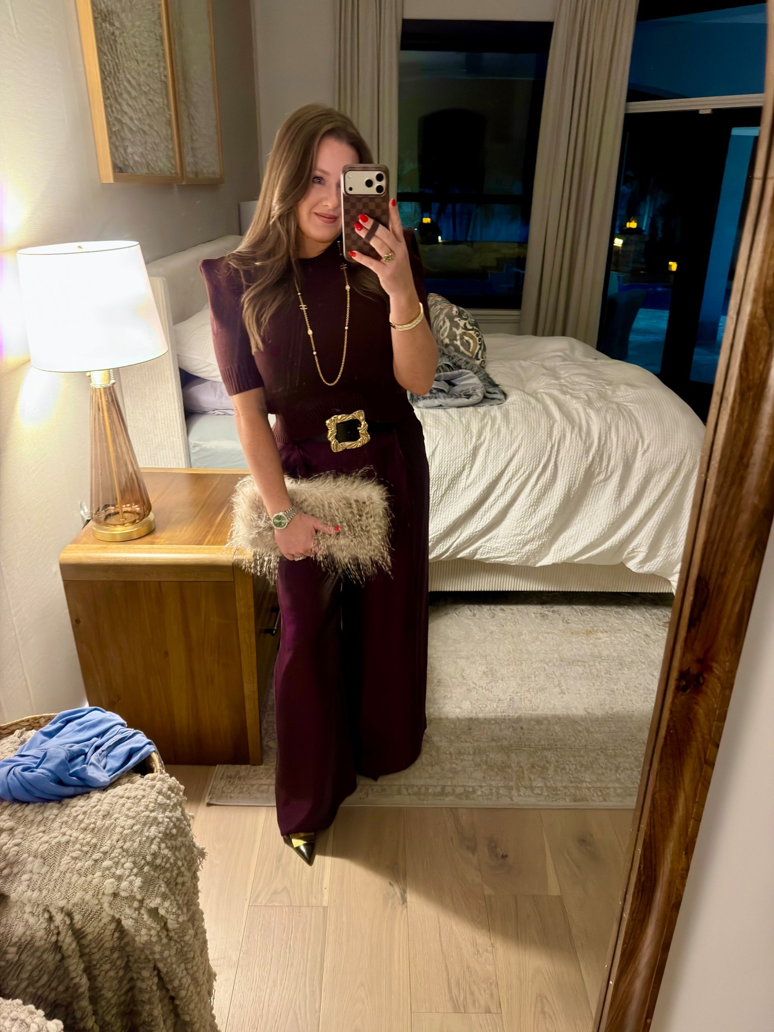 Zara burgundy purple trouser 
Zara burgundy sweater 
Chanel chain gold necklace
Zara pump heels
Zara fur clutch 

#LTKgrwm #LTKootd #LTKHoliday

#LTKootd #LTKHoliday