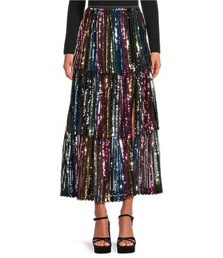 Sequin Rainbow Striped Tiered Maxi Skirt | Dillard's