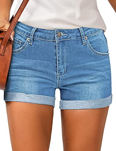 LookbookStore Denim Jean Shorts for Women Summer High Waisted Rolled Hem Cuffed Classic Boyfriend Denim Jean Shorts Little Blue Size XXL | Amazon (US)