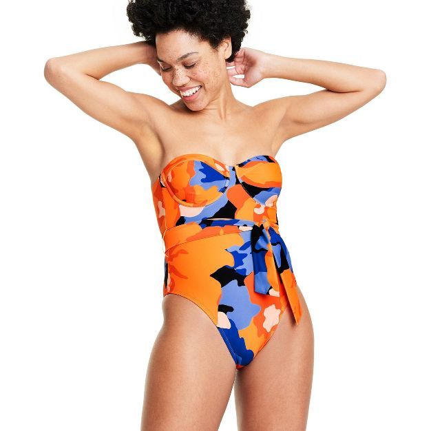 Women&#39;s Floral Print Underwire Tie-Front One Piece Swimsuit - Tabitha Brown for Target Blue/O... | Target