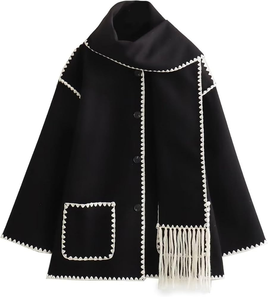 Women's Causal Winter Coat Long Sleeve Oversized Button Down Woolen Tassel Scarf Coat Pockets | Amazon (US)
