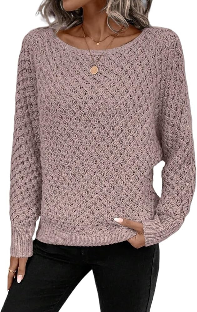 Womens Pullover Sweaters 2024 Casual Solid Boat Neck Long Sleeve Casual Pullover Sweater Tops Jum... | Amazon (US)