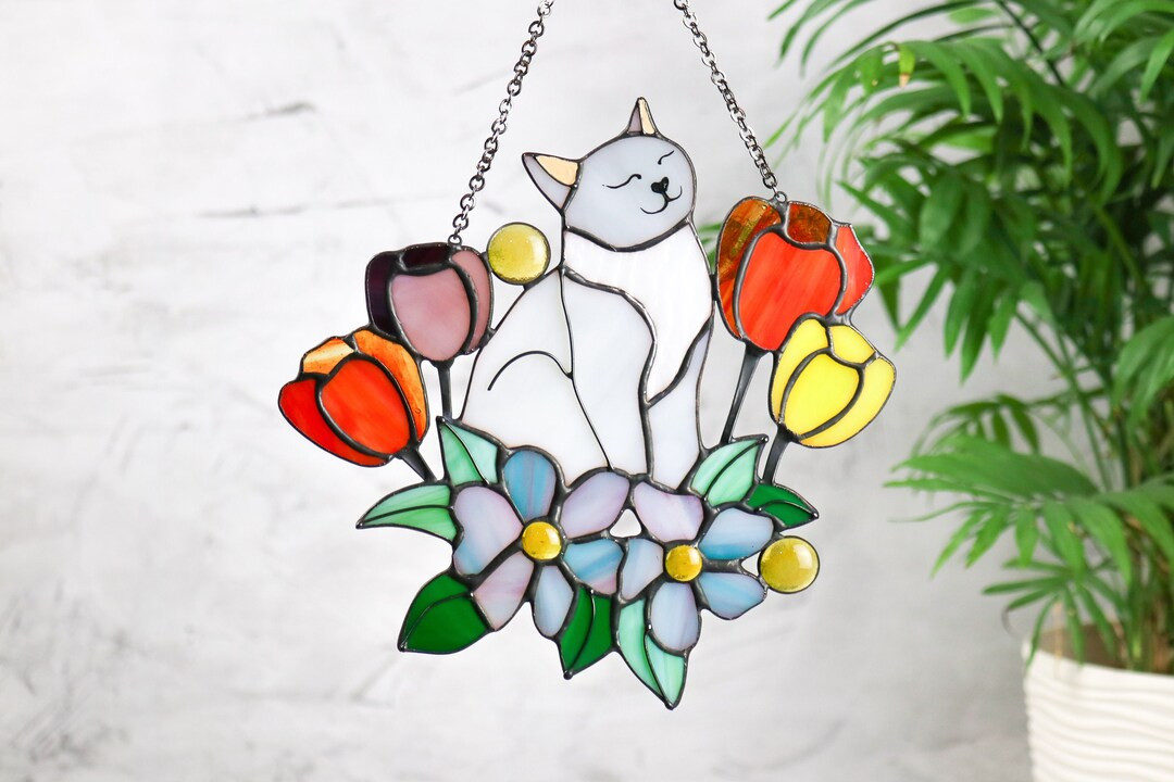 Suncatcher Cat in Tulip Flowers Stained Glass Window Hanging Decor Cat Art gift Window Panel Glas... | Etsy (US)