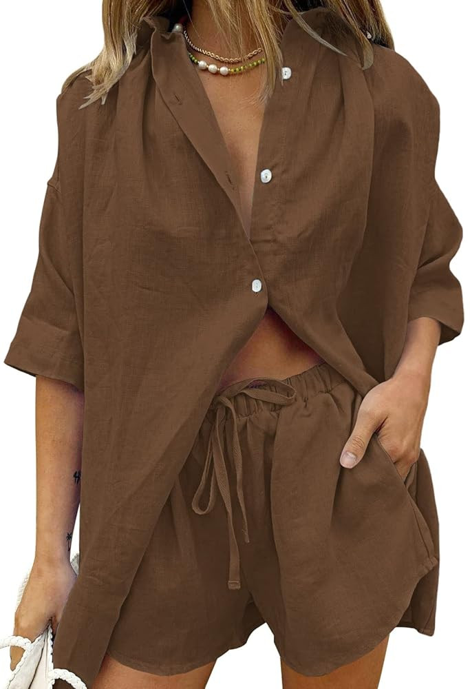 Meenew Women's 2 Piece Outfits Button Down Short Sleeve Shirts and Shorts Set Summer Sweatsuits L... | Amazon (US)