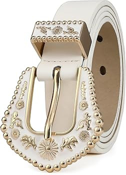 Women's Leather Belt Vintage Western Cowboy Style Buckle Waist Belt for Pants Jeans Dresses | Amazon (US)