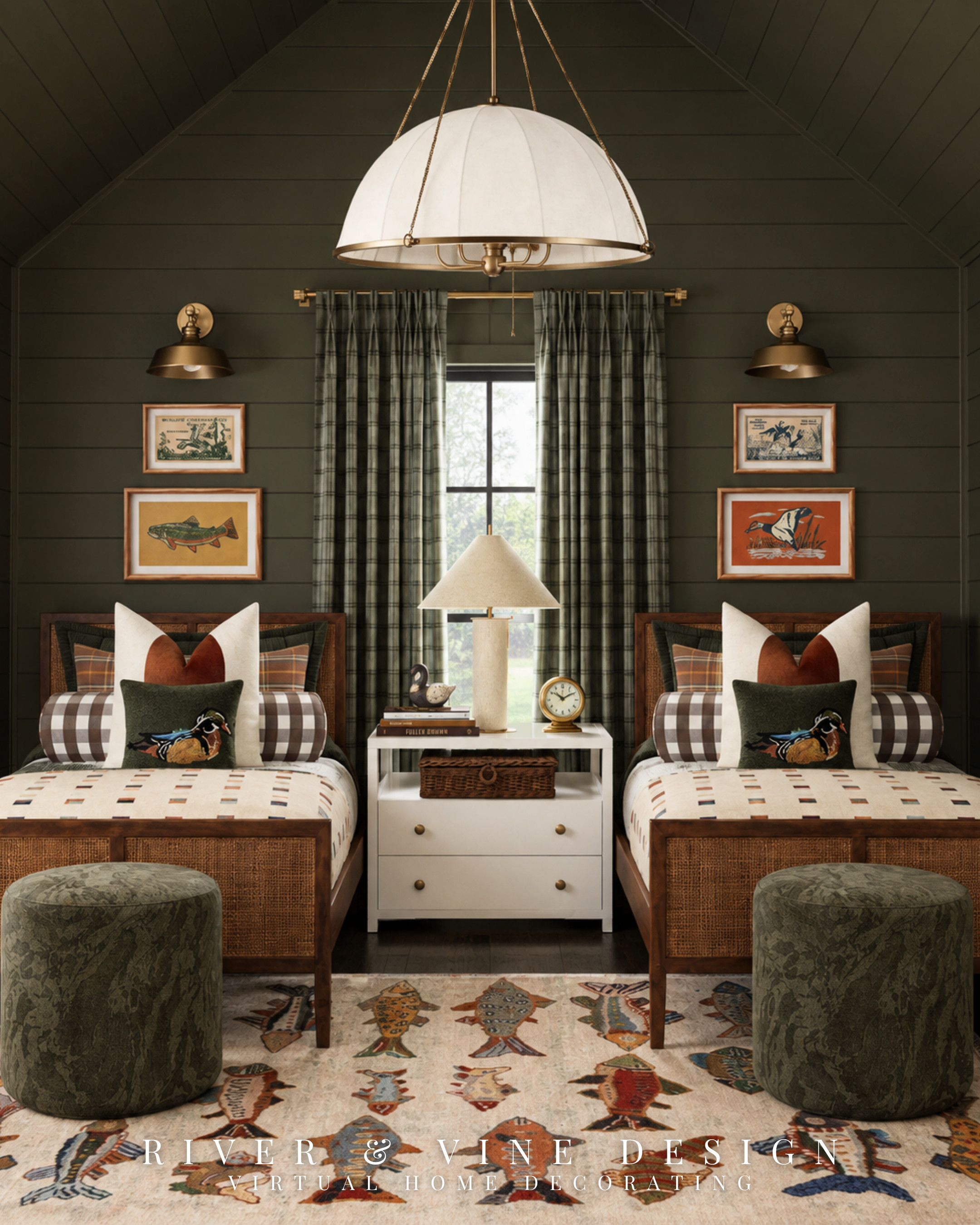 Your child picks one theme—and suddenly you’re worried the whole room is going to look like a cartoon.

A fishing-themed kids’ bedroom can feel playful without becoming literal at every turn. The key is repeating the story in different ways: a fish-patterned rug, vintage-style artwork, embroidered pillows, and plaid bedding that carries the same olive, rust, and cream palette. The cane twin beds introduce natural warmth and balance the dark color-drenched walls.

This creates a shared kids’ room that feels imaginative, collected, and thoughtfully layered. Which detail would your child notice first: the fish rug or the duck pillows?

Save this room formula and view the full product edit to compare the pieces.

fishing themed kids bedroom, twin boys bedroom ideas, shared kids room decor, lake house kids room, dark green kids bedroom, fish area rug, cane twin beds, plaid kids bedding

I may receive a commission from purchases made through my links.
 

 #LTKHome #LTKKids