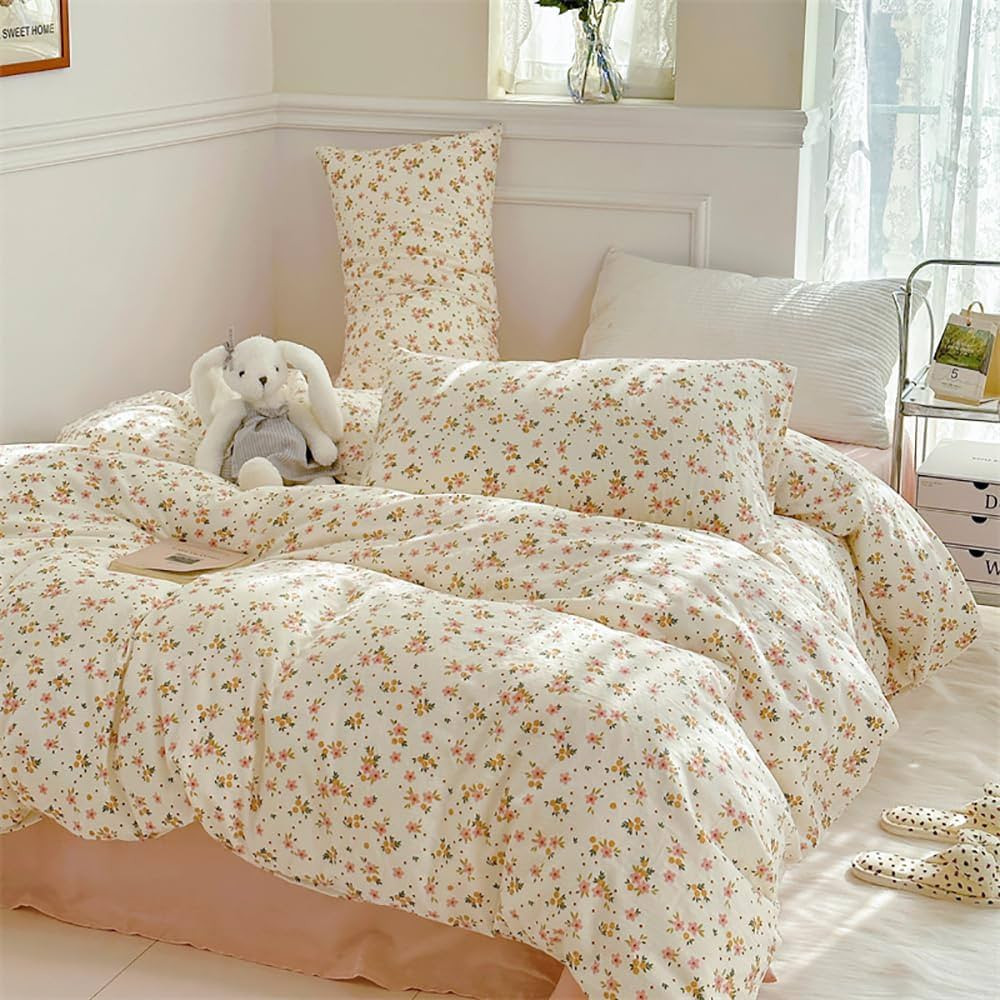 Covebett Bettwäsche 135x200 Beige mit Bunt Kleine Blumen Blümchen Botanisch Bettwäsche Set Aes... | Amazon (DE)