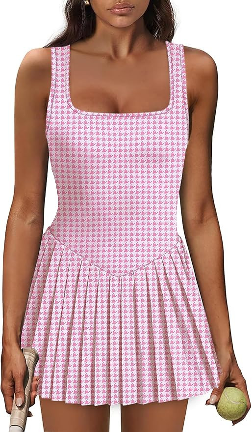 Athletic Dress for Women Built in Shorts U Neck Womens Tennis Dress Pleated with Pockets Sleevele... | Amazon (US)