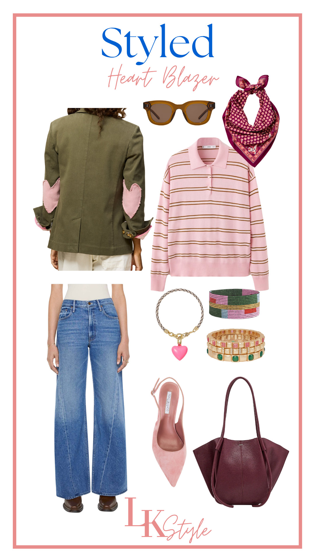 I LOVE the hearts on the sleeves!  This blazer is the perfect classic piece with a twist!  I love styling it with a polo style shirt, bracelets stacks and a great pink suede heel!  Bag, scarf and sunglasses finish the look!! 

 #LTKSeasonal #LTKOver40 #LTKPetite