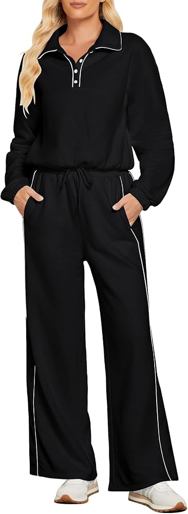 GRAPENT Sweatsuits Two Piece Sets for Women High Wasited Wide Leg Pants Fleece Button Pullover Sw... | Amazon (US)