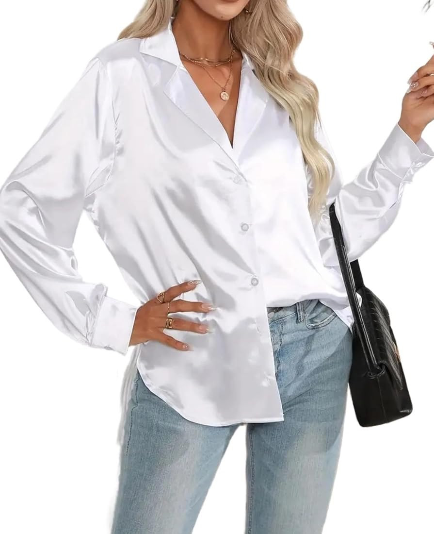Chigant Women's Short Sleeve Satin Blouse Button Down Tops Casual Office Work Shirt S-XXL | Amazon (US)