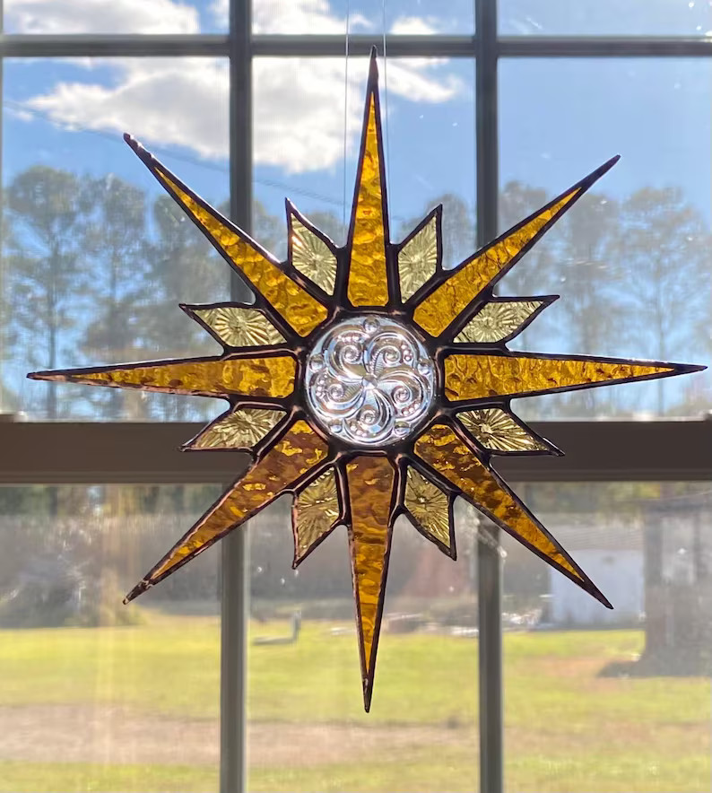 Stained Glass Yellow Sunburst Sunface Suncatcher, Golden Sunburst Suncatcher - Etsy | Etsy (US)