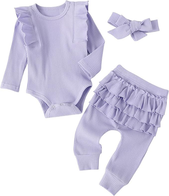 Fullfamous Baby Girl's 3pc Rib Frill Long Sleeve Romper and Pant Set | Amazon (US)