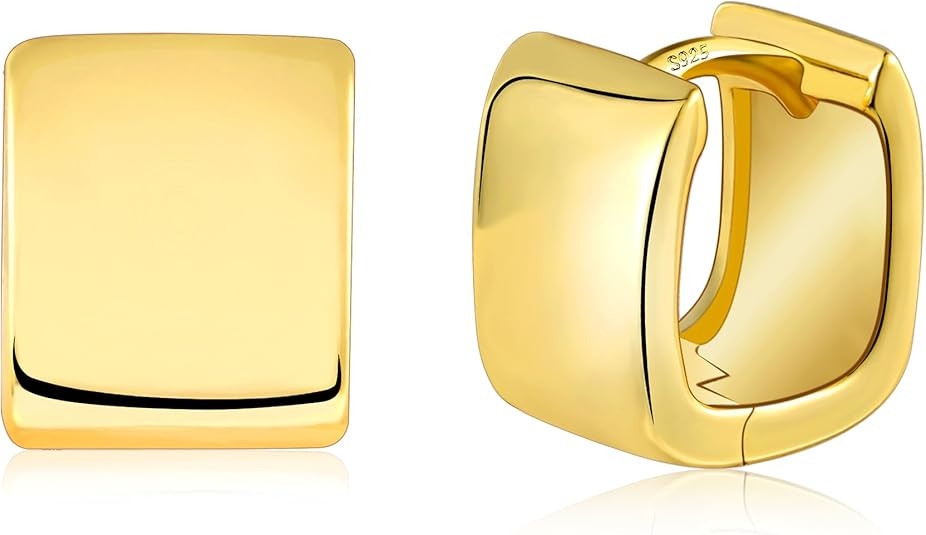 925 Sterling Silver 14k Gold Plated Chunky Huggie Hoop Earrings for Women - Small Square Hoops, C... | Amazon (US)