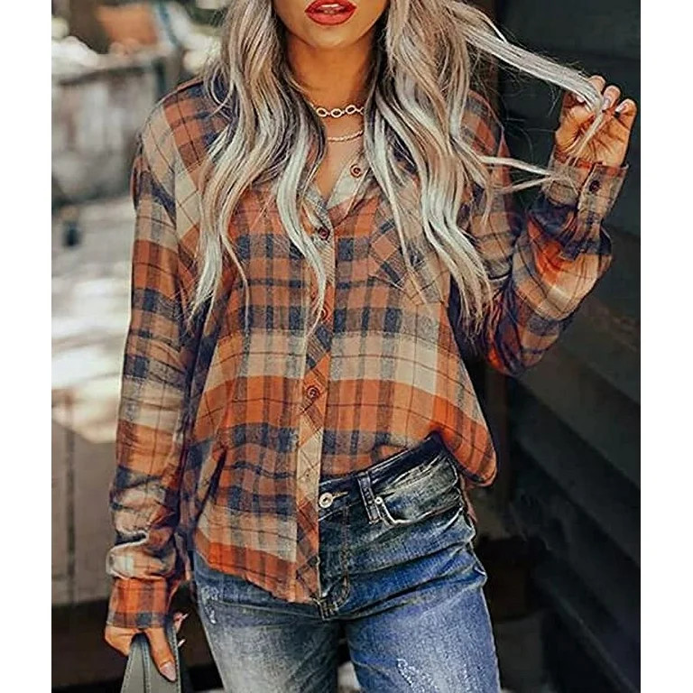 Button Down Shirts for Women Fall Fashion Colorful Plaid Print Long Sleeve Blouses Lapel Winter C... | Walmart (US)
