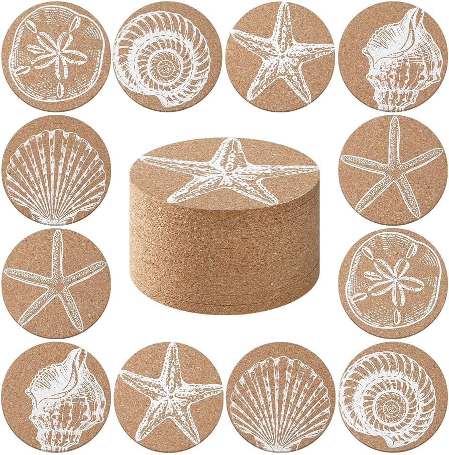 12 Pcs Coastal Coasters for Drinks Beach Cork Coasters Sea Shell Printed Round Absorbent Mat Coas... | Amazon (US)