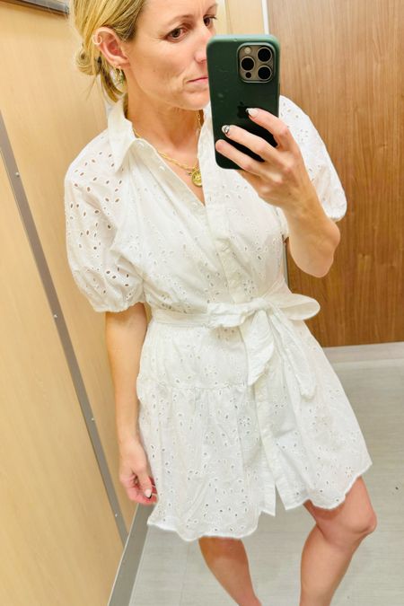 Looking for an Easter dress or a cute white vacation dress? This eyelet puff sleeves button down dress with the waist tie is super flattering on.  Wearing an xs.

#SpringDress #EasterDress #Resortwear #VacationDress #SpringOutfit #WhiteDress #TargetStyle 

#LTKSeasonal #LTKxTarget #LTKfindsunder50