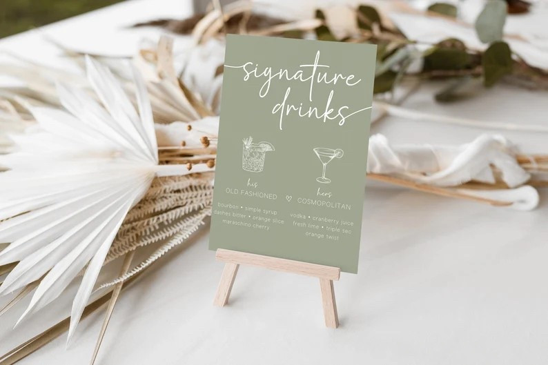 Signature Drink Sign from WillowFarmWeddingCo

Sage Green  Sign | Modern Minimalist Sage Wedding Drink Sign | Wedding Bar Sign | Signature Drinks | Bride + Groom Drinks | Wedding decor


#LTKWedding #LTKParties #LTKSpringSale