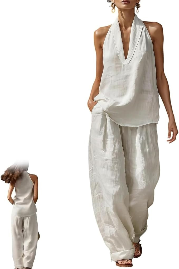 Womens Linen 2 Piece Sets Sleeveless V Neck Halter Top Wide Leg Pants Set Summer Linen Matching L... | Amazon (US)