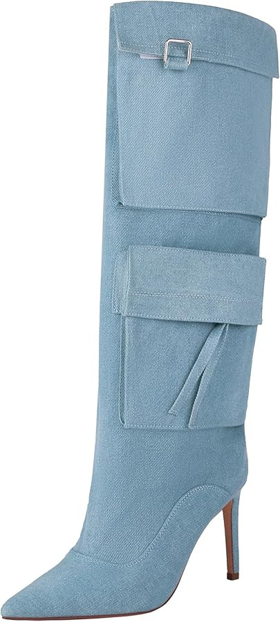 Reitoye Women's Denim Knee High Boots Pointed Toe Pockets Wide Calf Stiletto Boots Thigh High Boo... | Amazon (US)