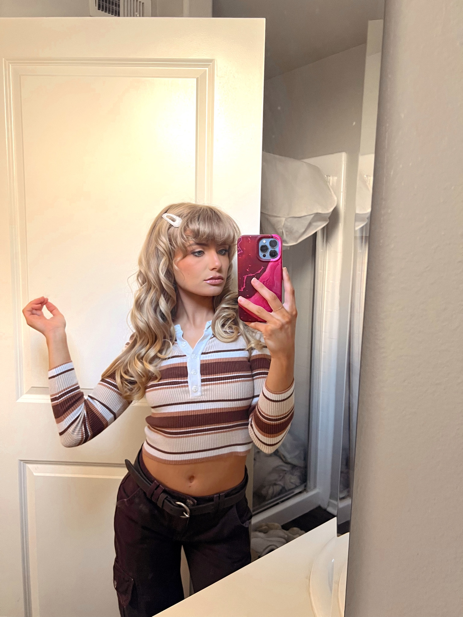 Love this shirt!!! So comfy! Perfect fit :) no complaints. Pants are revice! I’m feeling very self conscious of the shower in the background filled with old clothes. I have no storage and I’m embarrassed :) 

#LTKunder100 #LTKunder50 #LTKstyletip