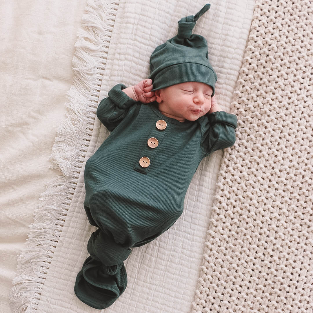 Forest Green Ribbed Bamboo Baby Knot Gown & Hat | Caden Lane