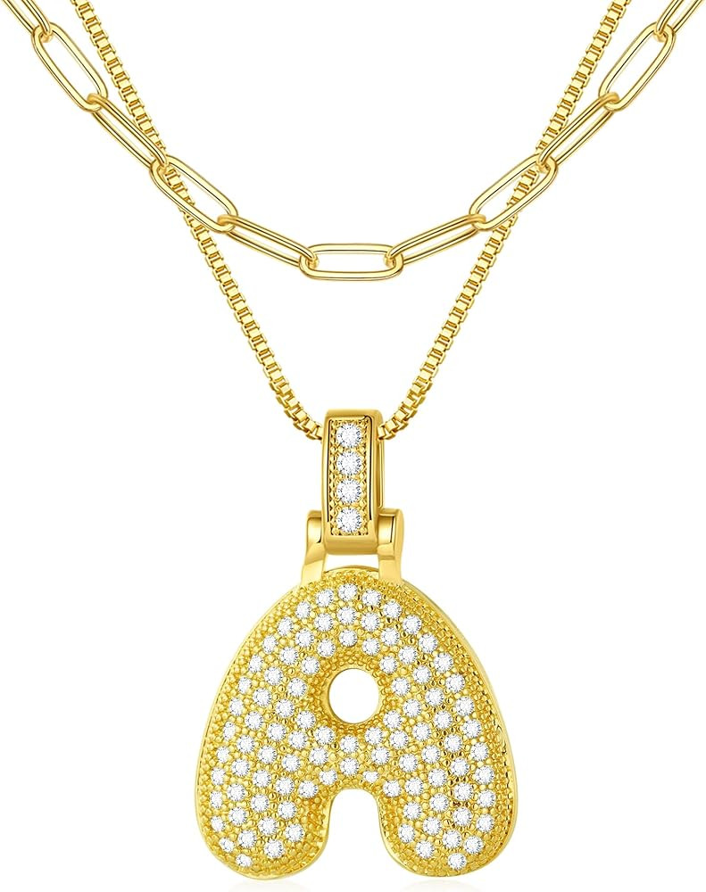 Turandoss Bubble Letter Necklace Gold for Women - 18K Gold Plated Balloon Pendant Letter Necklace... | Amazon (US)