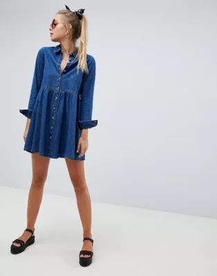 ASOS DESIGN denim smock shirt dress in midwash blue | ASOS US