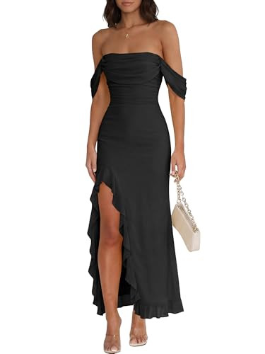 Caracilia Womens Summer Off The Shoulder Formal Bodycon Maxi Dresses High Slit Ruffle Hem Mesh We... | Amazon (US)