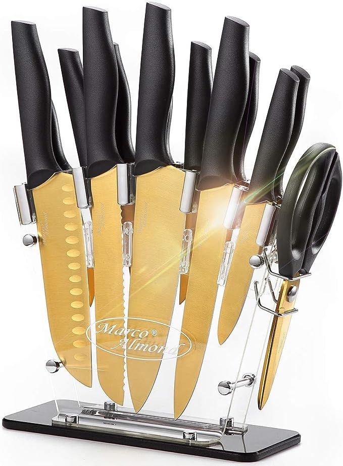 Golden Titanium Knife Set with Acrylic Stand, Kitchen Knives Set with Block, Scissor,Santoku knif... | Amazon (US)