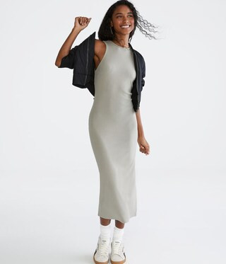 Solid High-Neck Ribbed Midi Dress | Aeropostale