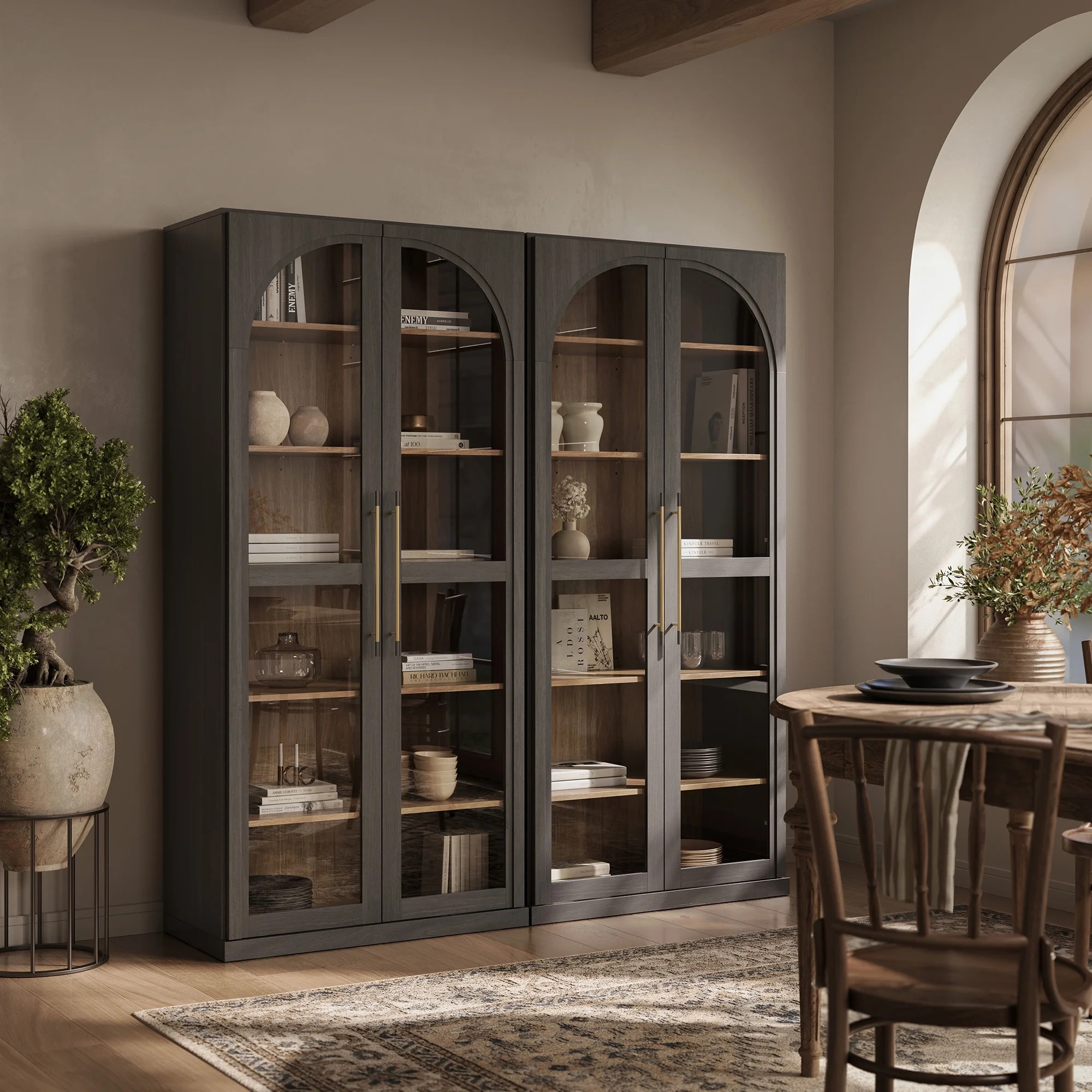 BELLEZE 67" Storage Cabinet Set of 2, 6 Shelf Glass Bookshelf Display Cabinet, Modern Wood Wine C... | Walmart (US)