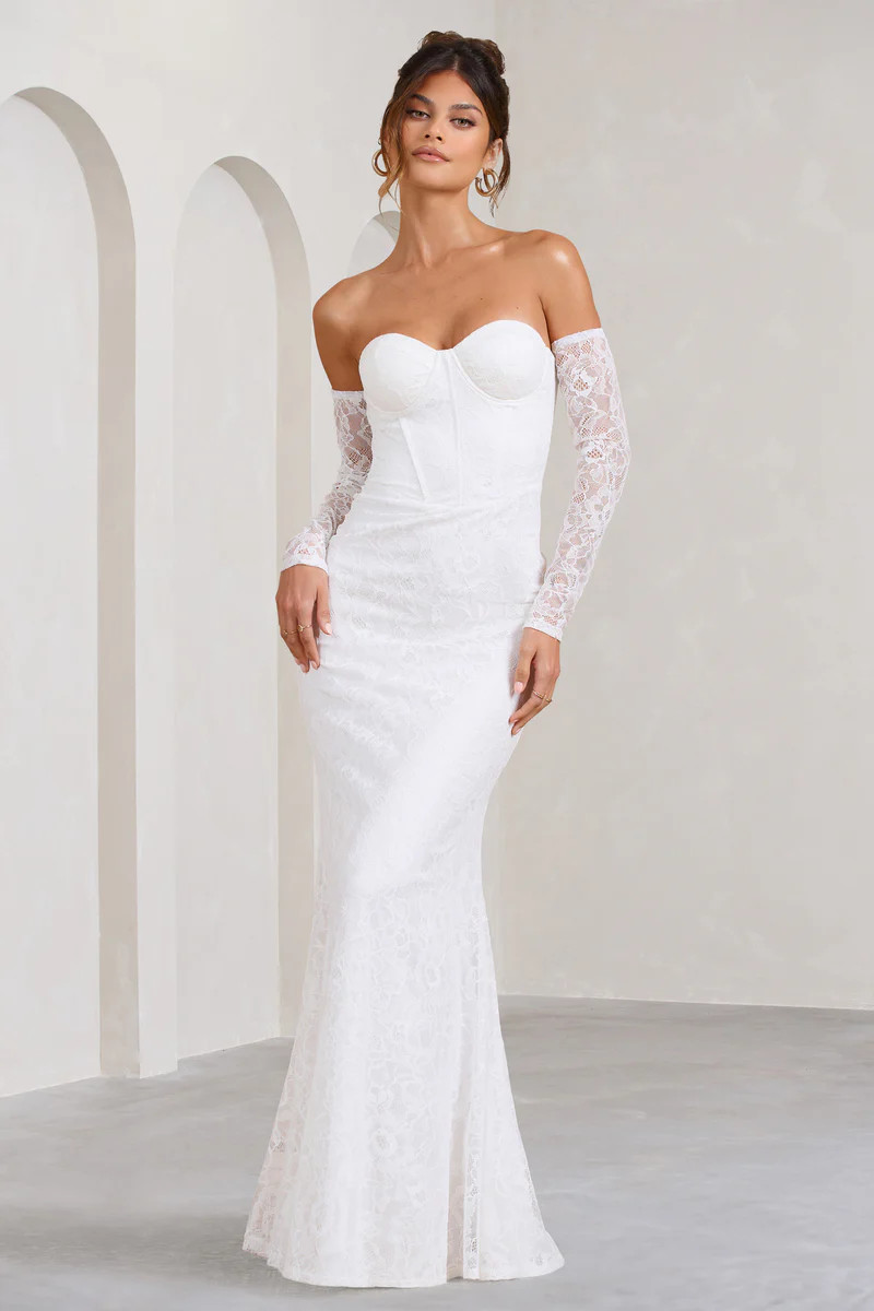 Aniyah | White Lace Bandeau Neckline Corset Fishtail Maxi Dress With Sheer Sleeves | Club L London