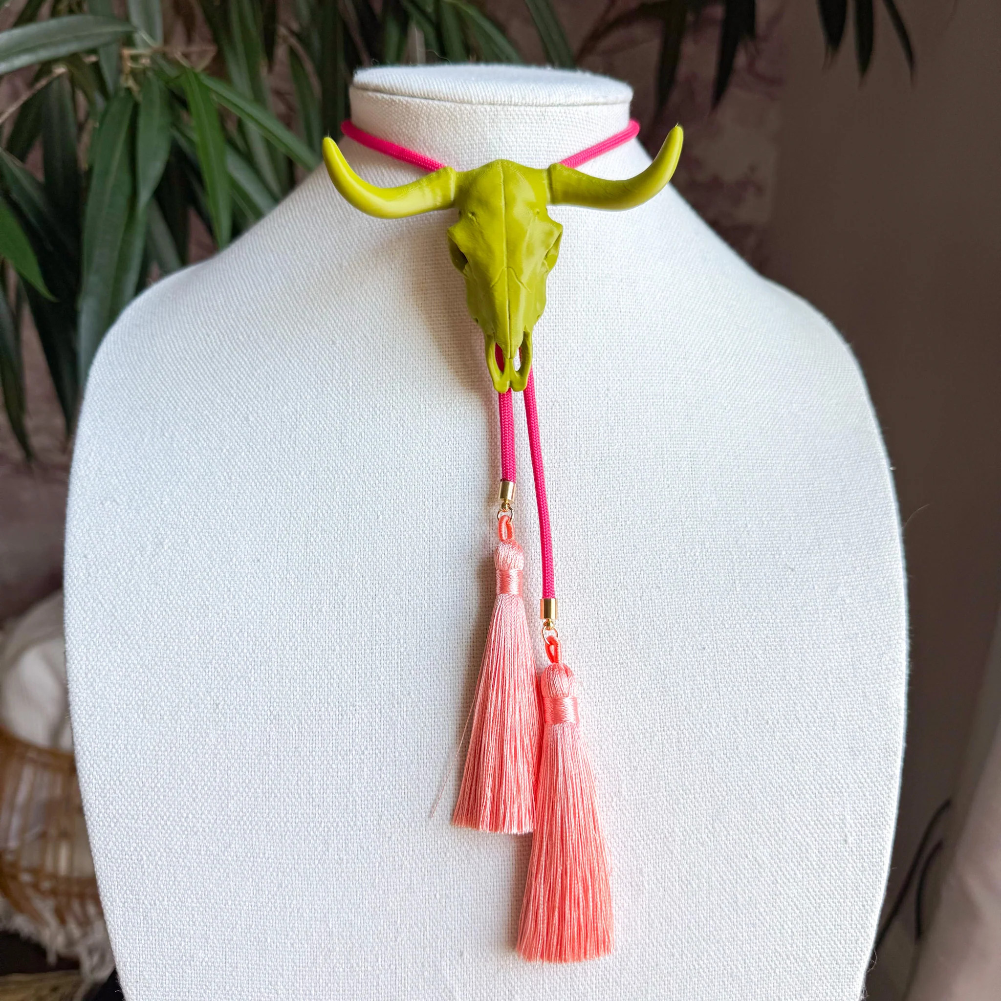Longhorn Bolo Olive Green with Hot Pink & Peach | Rahya Jewelry Design