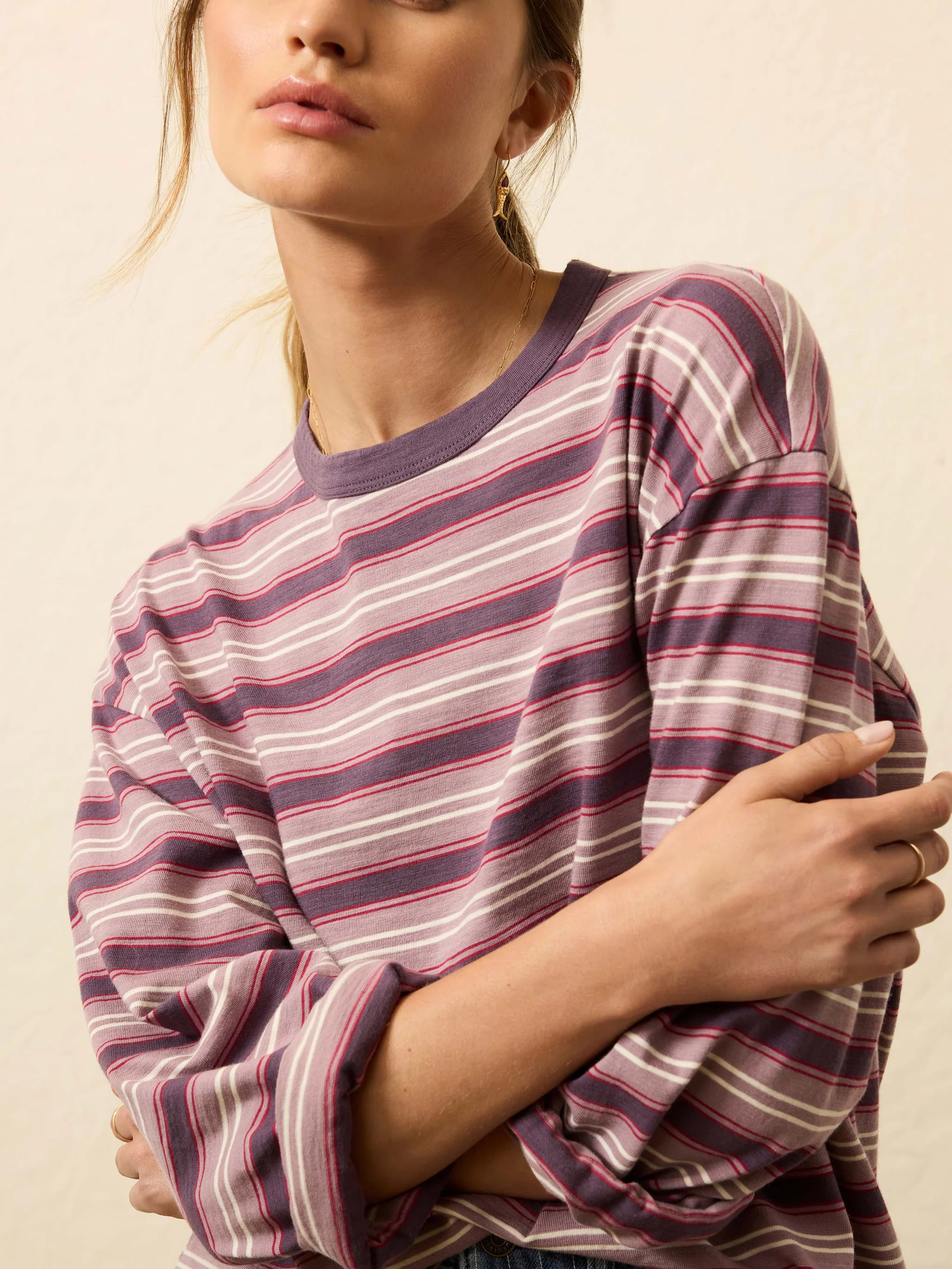 Sunwashed Long-Sleeve Retro Tee - Plum Berry Stripe | Faherty
