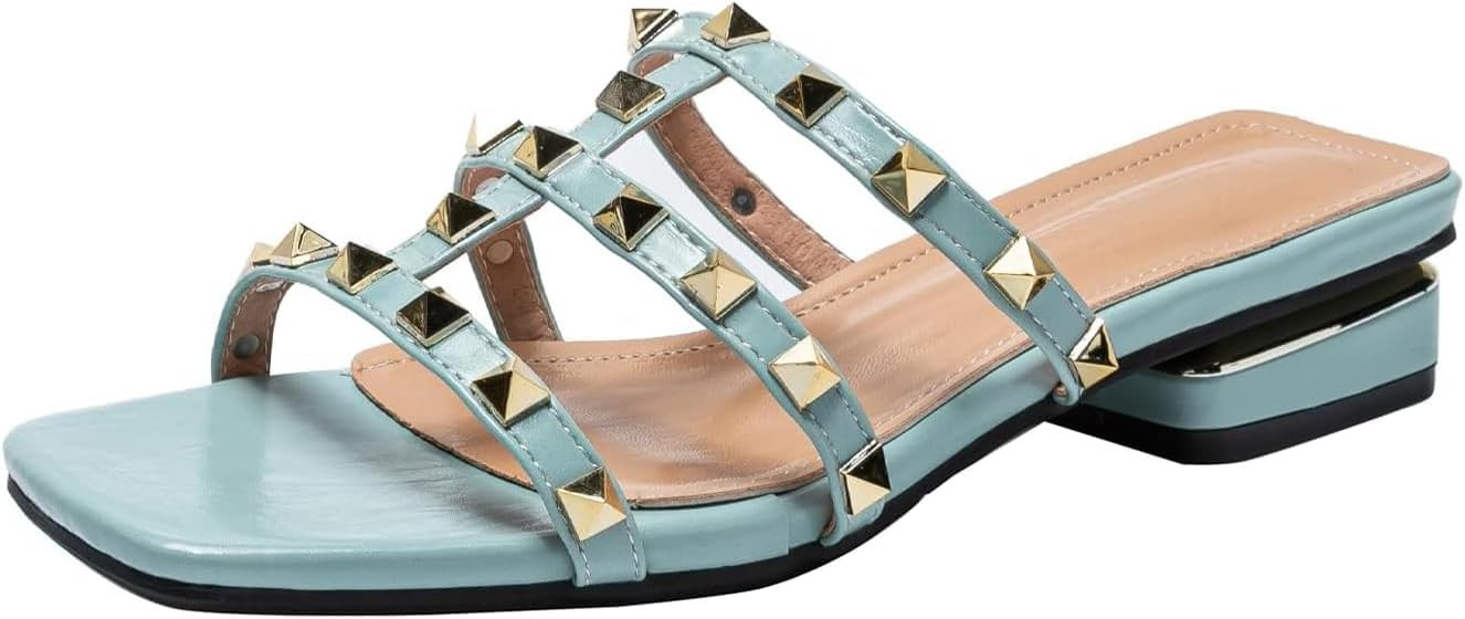 Women's Leather E-Strap Low Block Heel Slide Sandal Summer Slip On Square Open Toe Anti-Slip Fash... | Amazon (US)