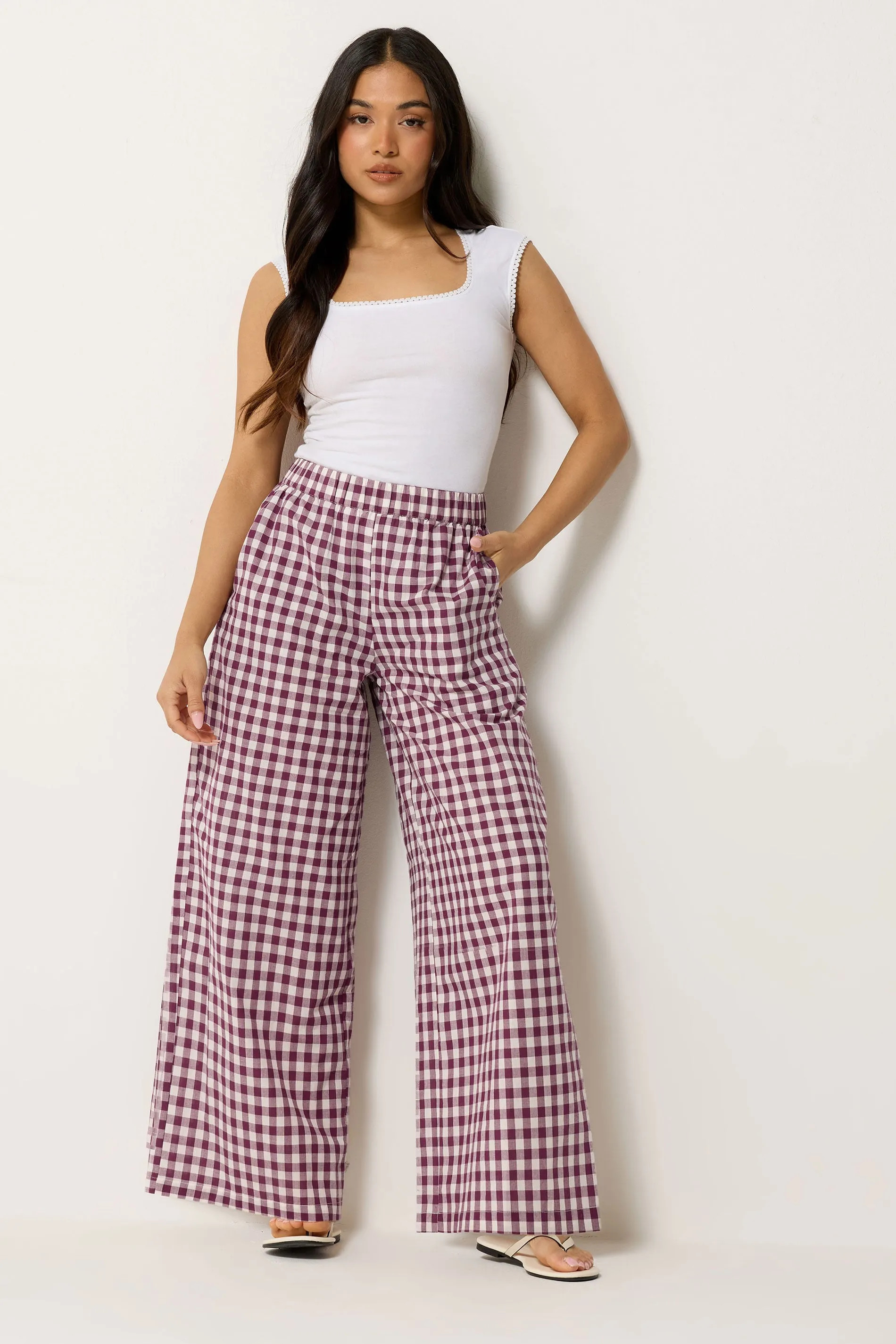 Burgundy PixieGirl Petite Gingham Cotton Wide Leg Trousers | Debenhams | Debenhams UK