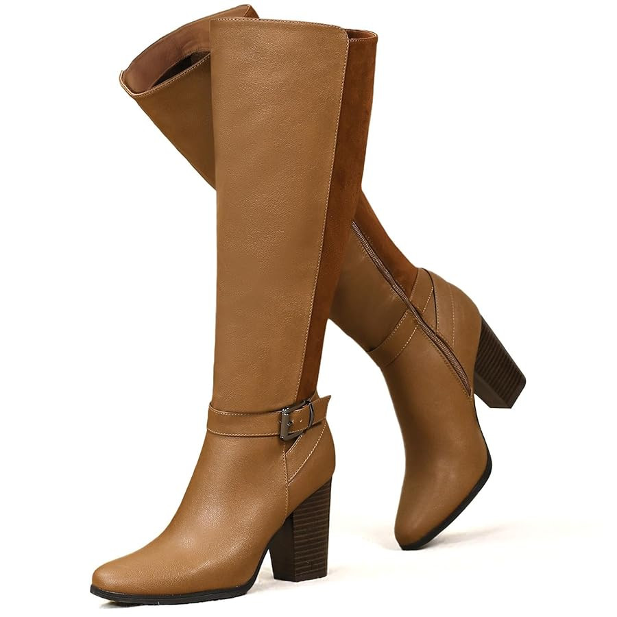 Women's Heeled Knee High Boots Zip Up High Chunky Heeled Boots | Amazon (US)